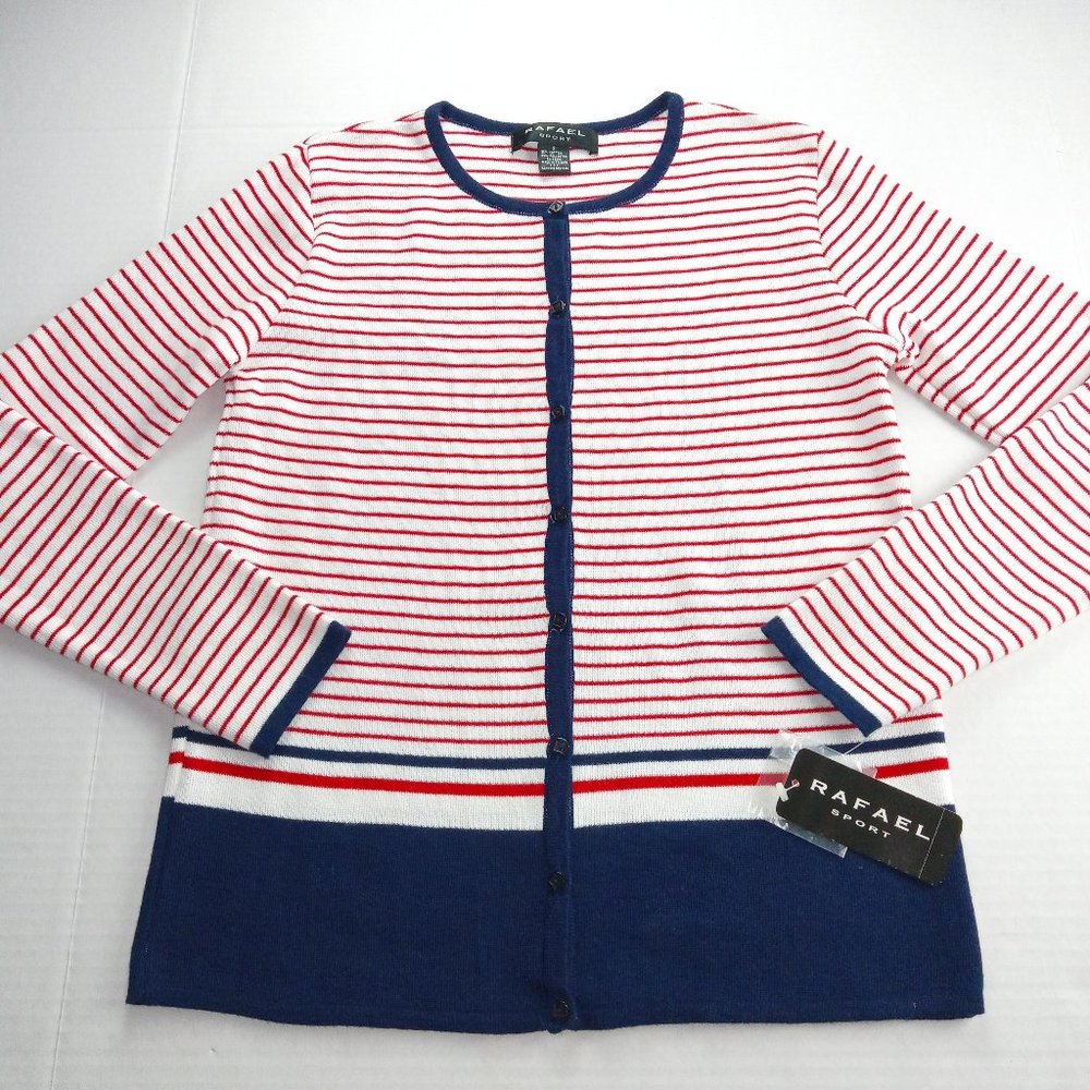 Rafael Sport Women's Cardigan Sweater Size Small Red White Blue Striped